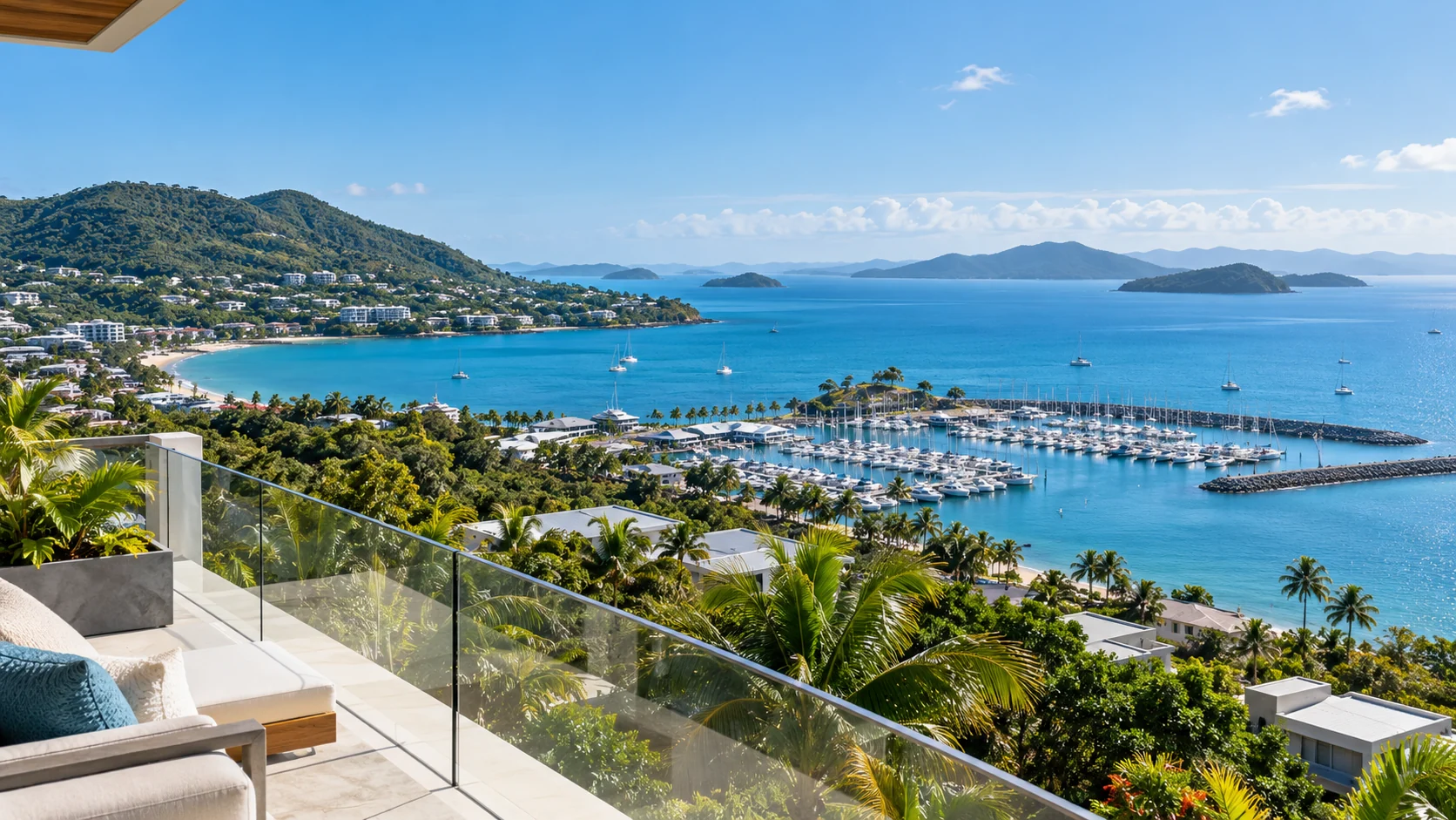 Apartment outlook across a Whitsundays marina and tropical coastline